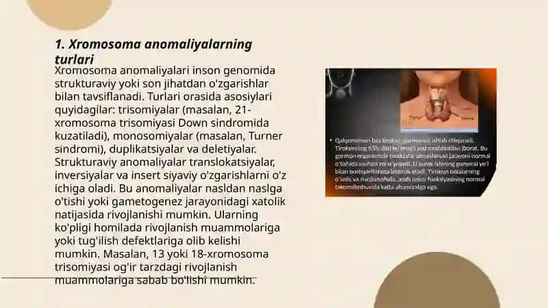Xromosoma kasalliklari kelib chiqish sabablari va asoratlari mavzusida rasmli slayd Otaxonova Gavharoy 3