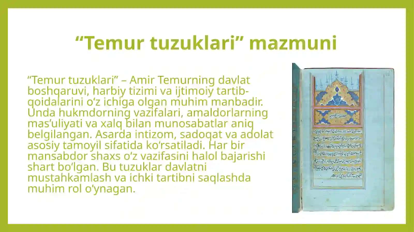 Amir Temur imperiyasida adolat va qonun “Temur tuzuklari” tahlili 3