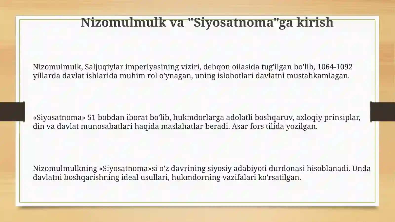 Nizomulmulkning,,Siyosatnoma" asardagi hikoyatlar tahlili 3