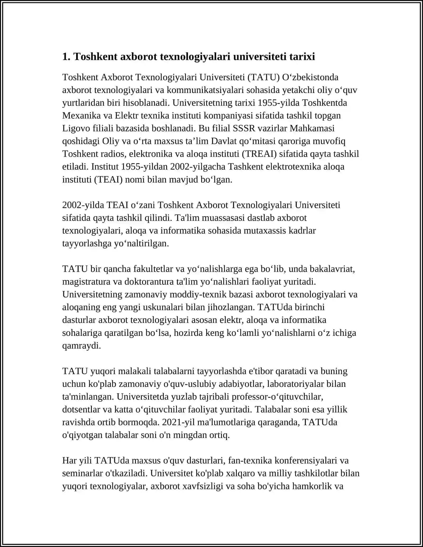 Toshkent Axborot Texnologiyalari Universiteti Referat 3