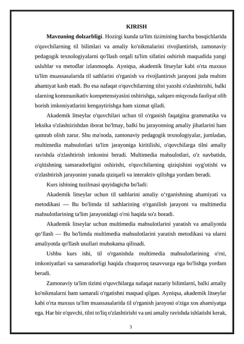 "AKADEMIK LITSEYLAR UCHUN TIL SATHLARINI AMALIY EGALLASHGA QARATILGAN MULTIMEDIA MAHSULOTLARNI TAYYORLASH" 3