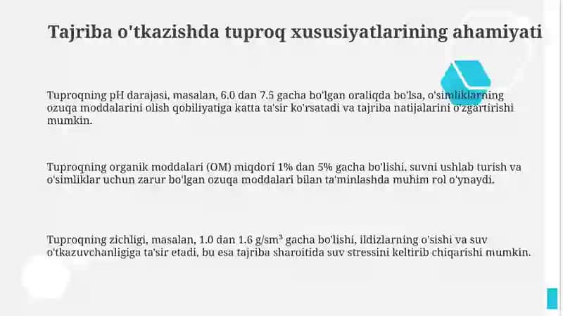 Tajriba o'tkazishda tuproq xususiyatlarini hisobga olish 3