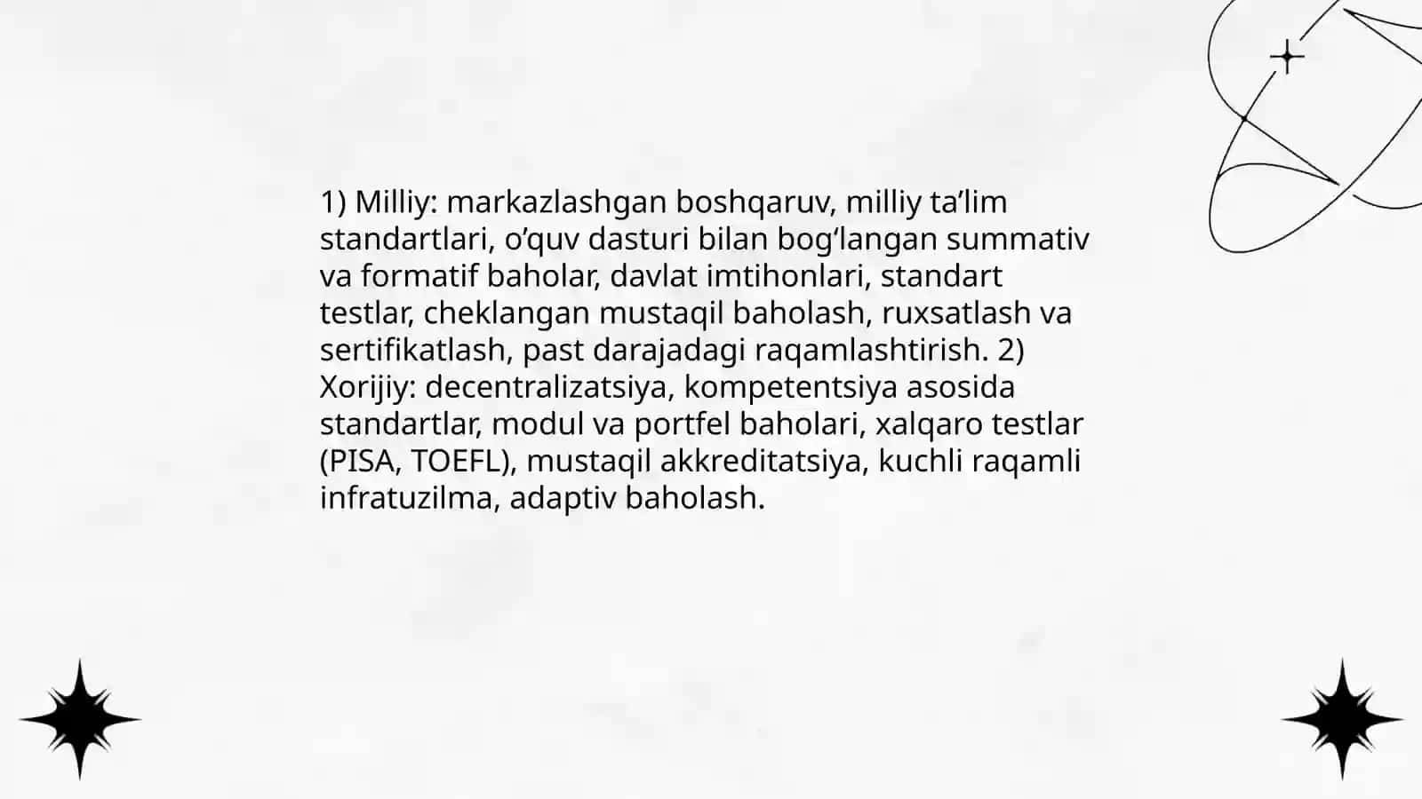 Ona tili va adabiyot fasidan milliy va xorijiy baholash tizimlarining qiyoslash va olgan xulosalarini diagrammasida ifodalash 3
