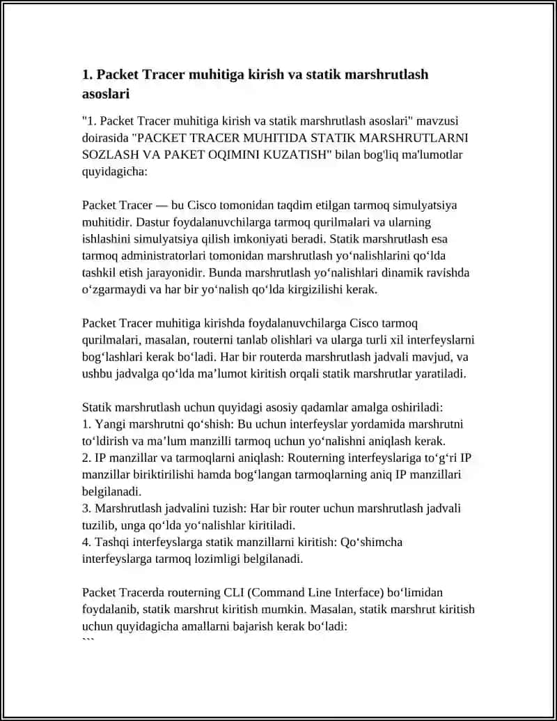 PACKET TRACER MUHITIDA STATIK MARSHRUTLARNI SOZLASH VA PAKET OQIMINI KUZATISH 3