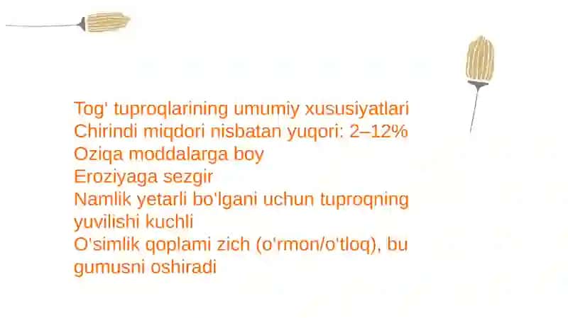 Togʻ va choʻl zonasining tuproqlari.Lalmi va yaylov tuproqlari unumdorligi 3