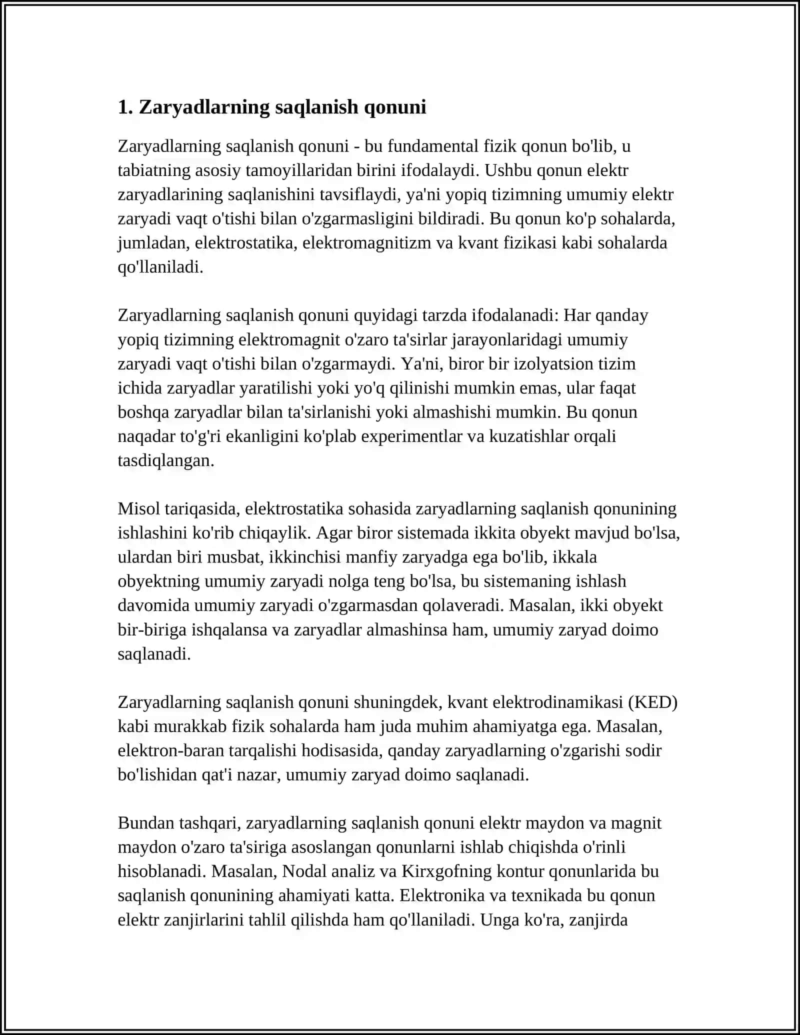 ELEKTR ZARYADLARINING SAQLANISH QONUNI 3