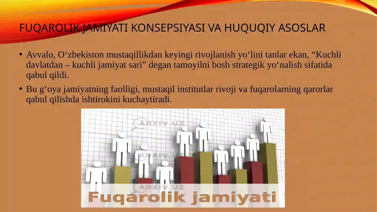 "Kuchli davlatdan-kuchli jamiyat sari" tamoyili: fuqarolik institutlarining(mahalla va NNT) huquqiy-siyosiy transformasiyasi va sud islohotlari orqali demokratik chuqurlashtirish. 3