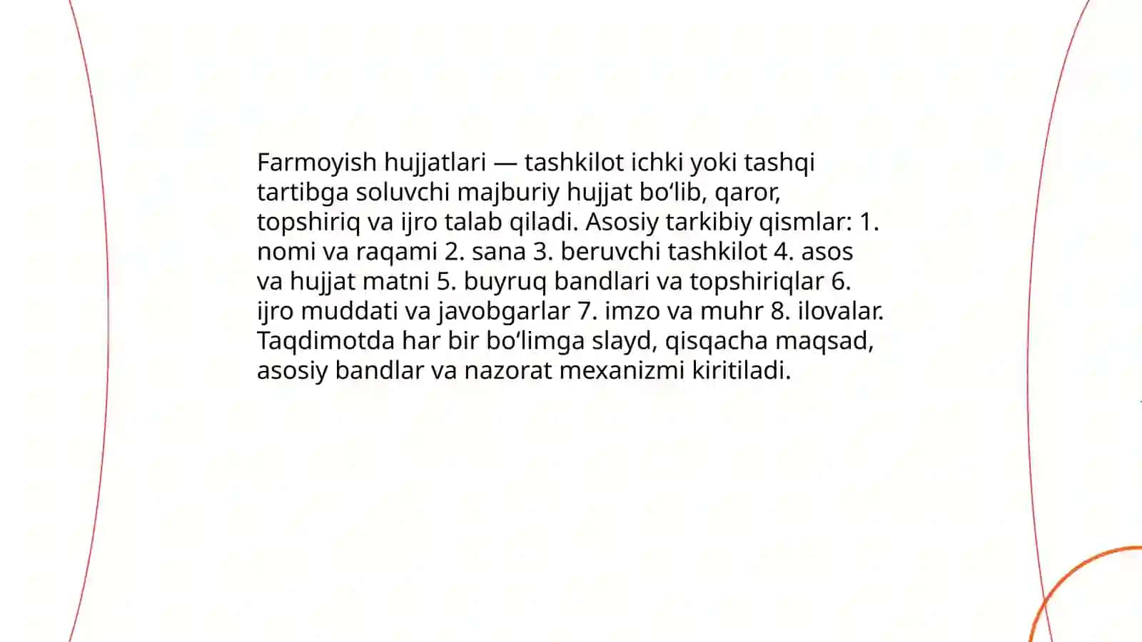 Farmoyish hujjatlari yuzasidan taqdimot tayyorlash va interfaol metodlar bo'yicha ishlash 3