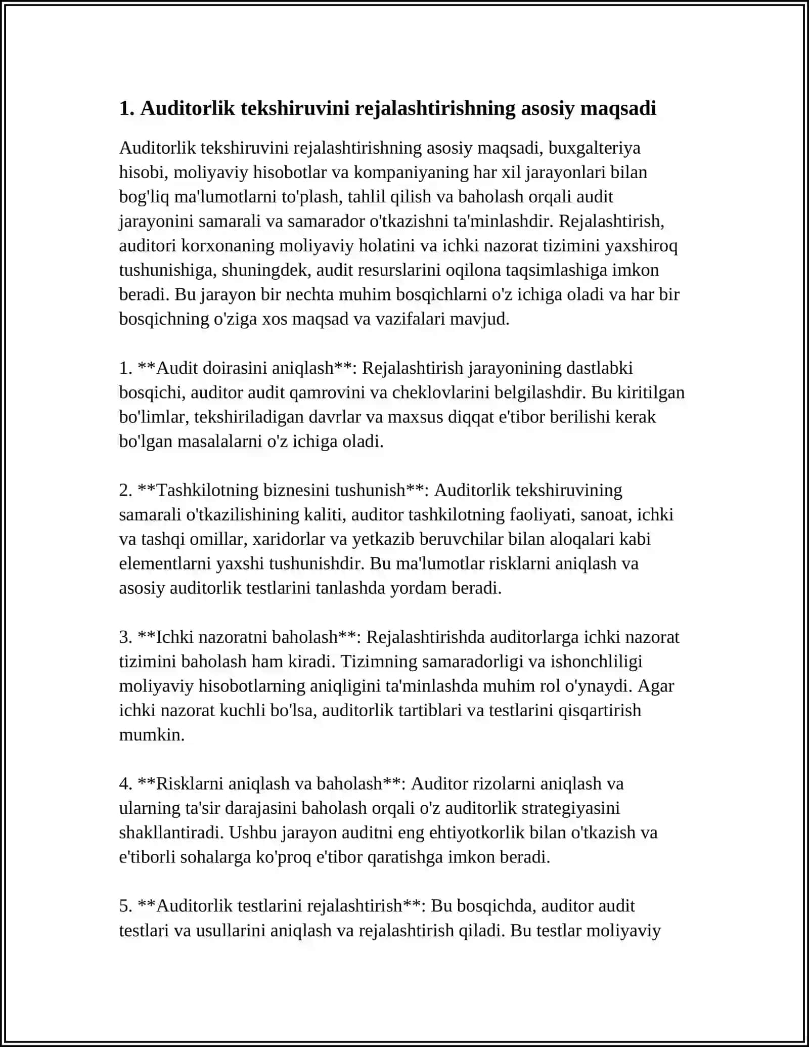 AUDITORLIK TEKSHIRUVINI REJALASHTIRISHNING TAMOYILLARI VA BOSQICHLARI 3