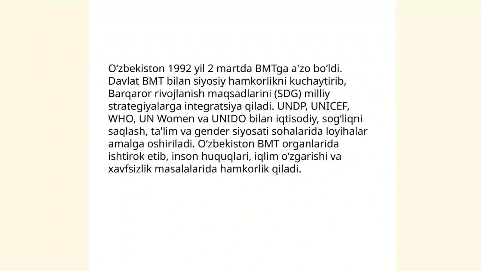 Oʻzbekistonning xalqaro tashkilotlar bilan hamkorlik aloqalari 3