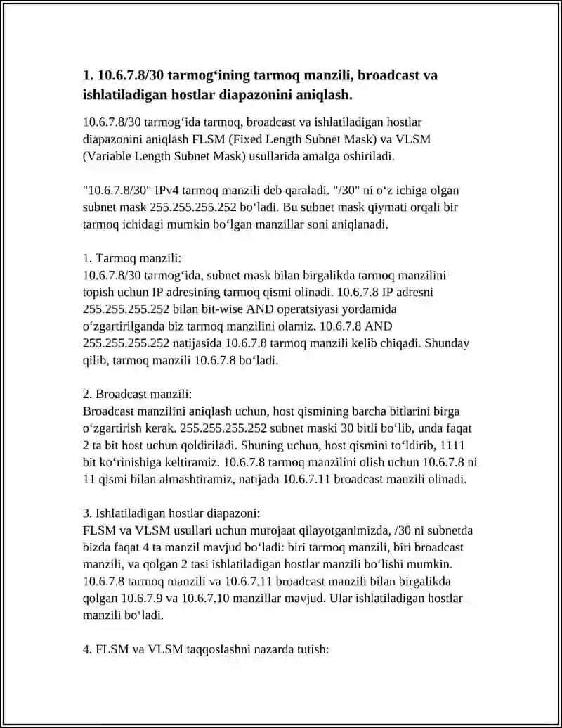KOMPYUTER TARMOQLARI FANIDA 10.6.7.8/30 TARMOG‘INI FLSM VA VLSM USULLARIDA BO‘LISH, TAHLIL QILISH VA IZOHLASH 3