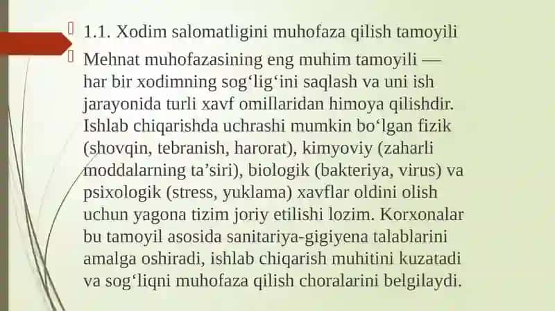 MAVZU:ISHLAB CHIQARISHDA SOG`LOM XAVFSIZ MEHNAT QILISH SHAROITINI YARATISH 3
