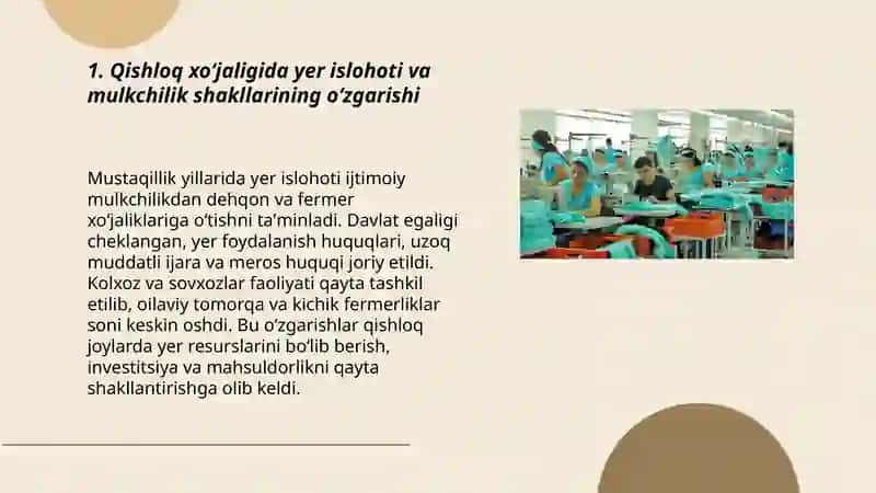 Mustaqillik yillarida qishloq xo‘jaligi va sanoat sohasidagi o‘zgarishlar 3