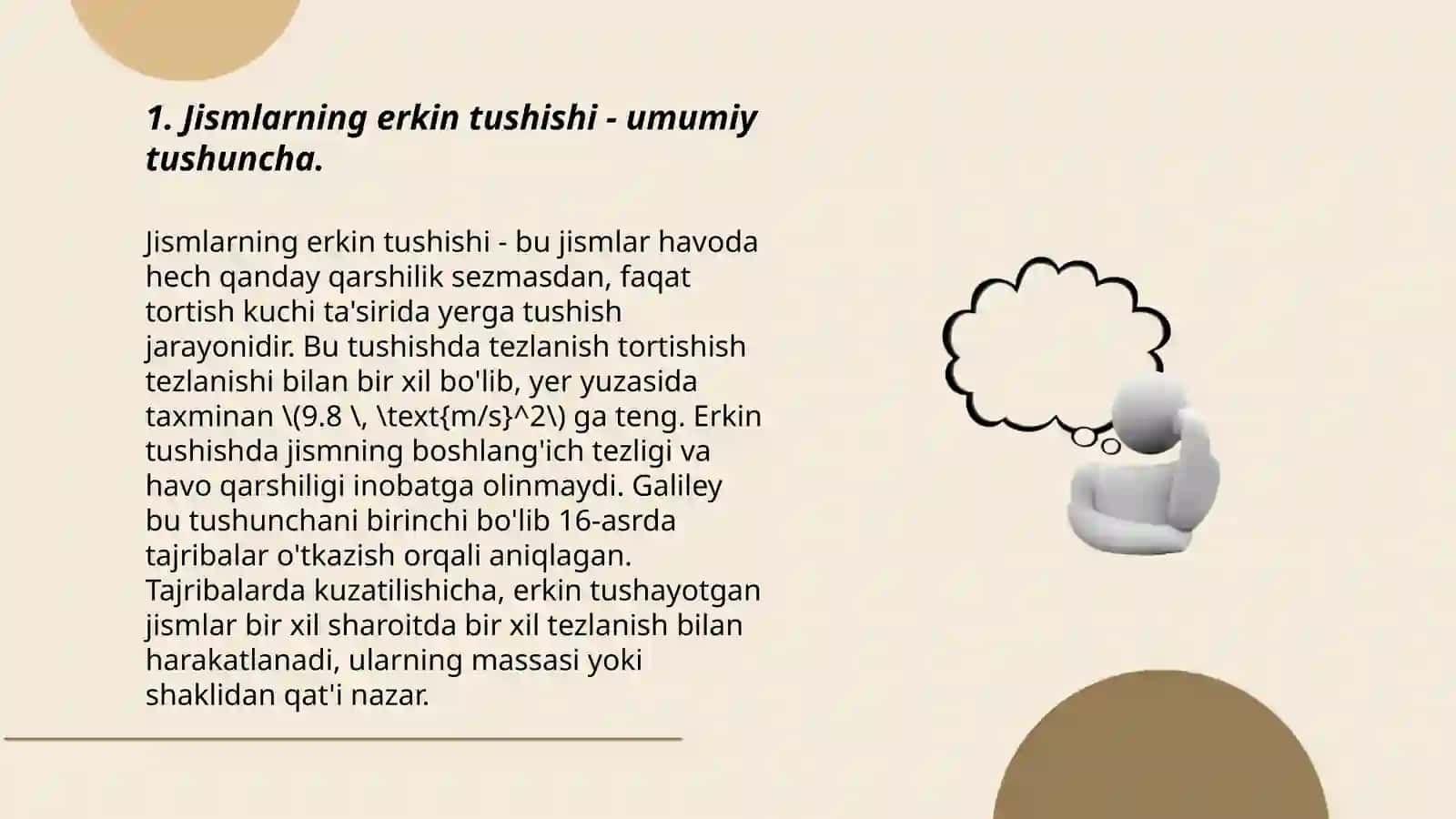 Jismlarning erkin tushishi o'tish metodikasi 3