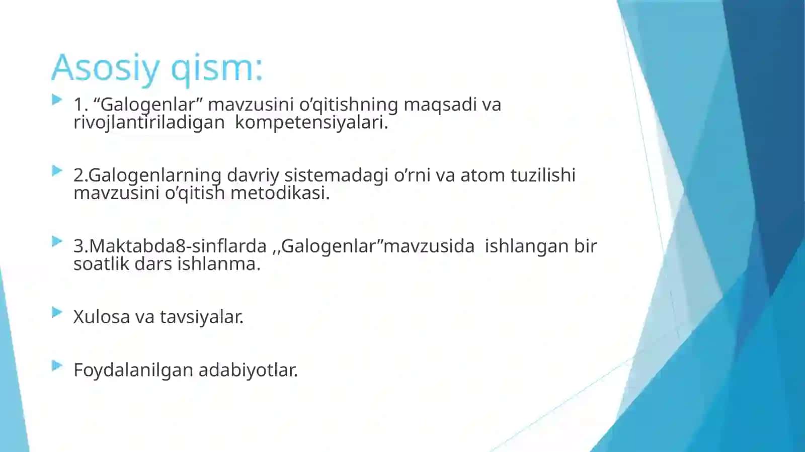 Galogenlar mavzusini o’qitish metodikasi va dars ishlanmasi 3