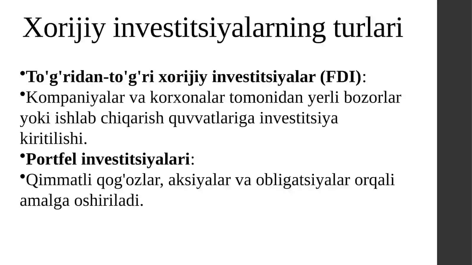 Xorijiy investitsiyalar haqida tushuncha va uning mohiyati 3