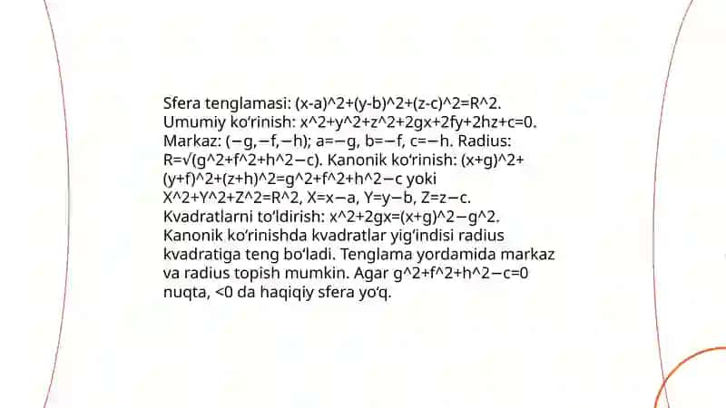 Sfera. Konussimon sirtlar. Aylanish sirtlar. Ikkinchi tartibli sirlarga doir mashqlar 3
