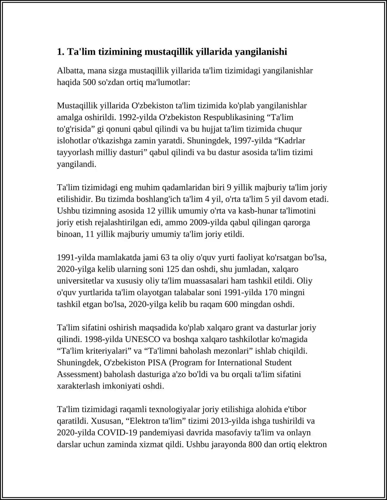 MUSTAQILLIK YILLARIDA O'ZBEKISTONDA TA'LIM SOHASIDAGI ISLOHOTLAR 3