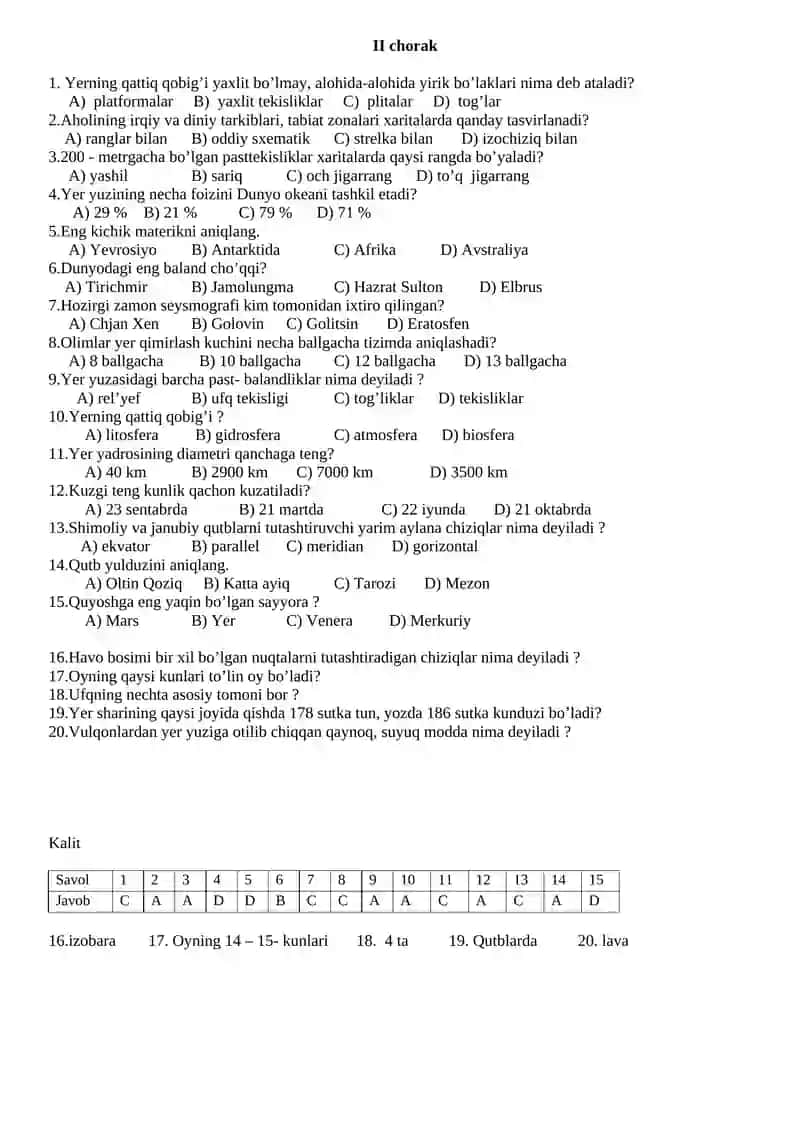 5 sinf. Geografiya 1-variant I chorak 3
