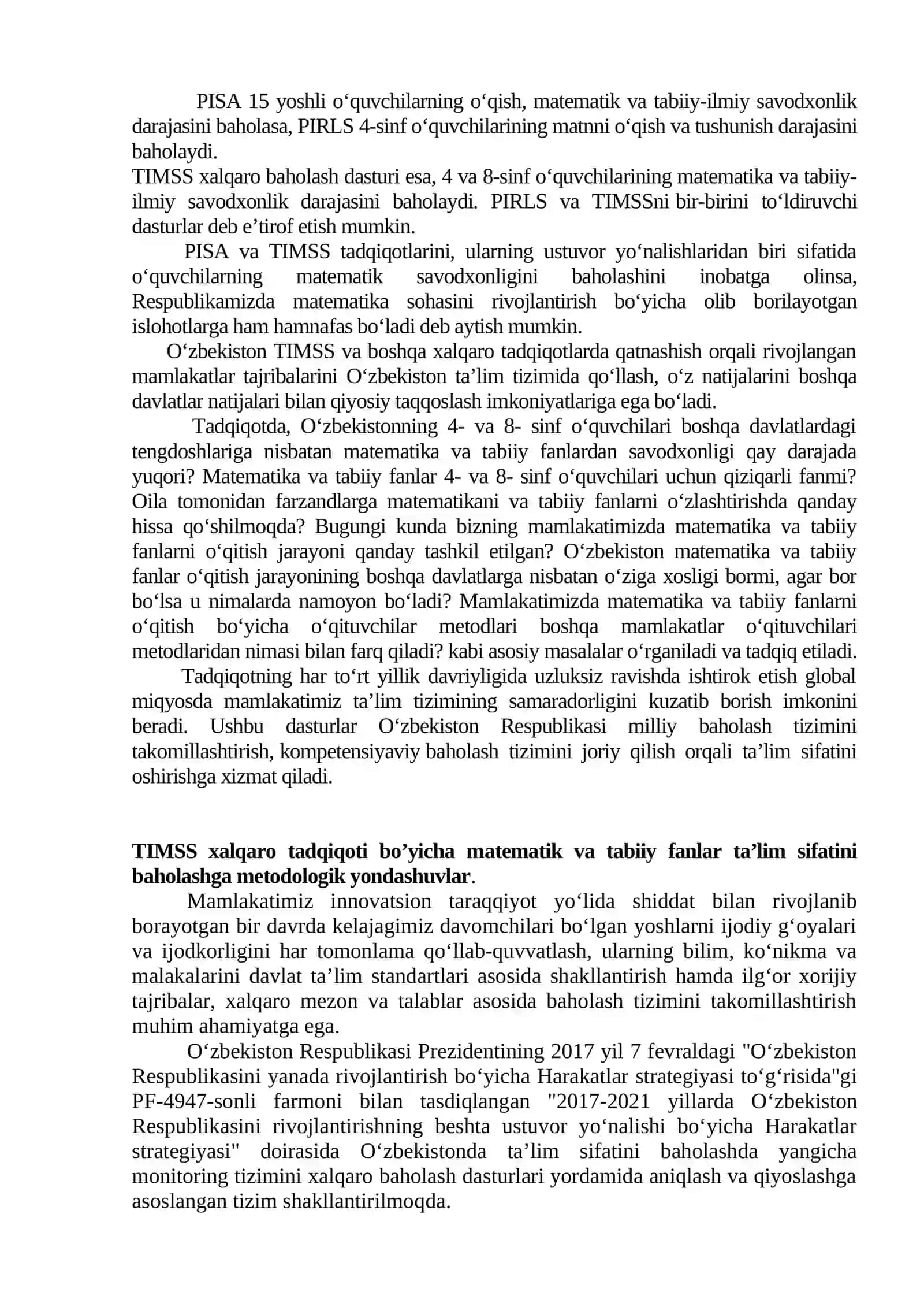 MATEMATIKA VA TABIIY FANLARNI O’ZLASHTIRISH SIFATINI XALQARO MONITORING QILISH VA BAHOLASH TIZIMI TIMSS 3