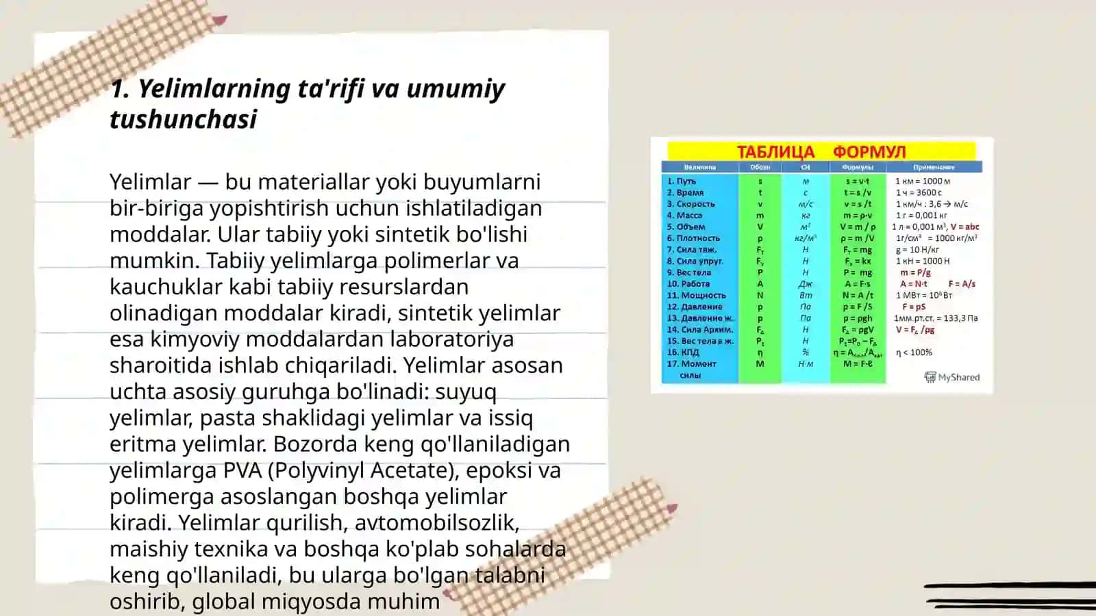 Yelim materiallar tugrisida tushuncha. Fizik va kimyoviy tasnifnomalari 3