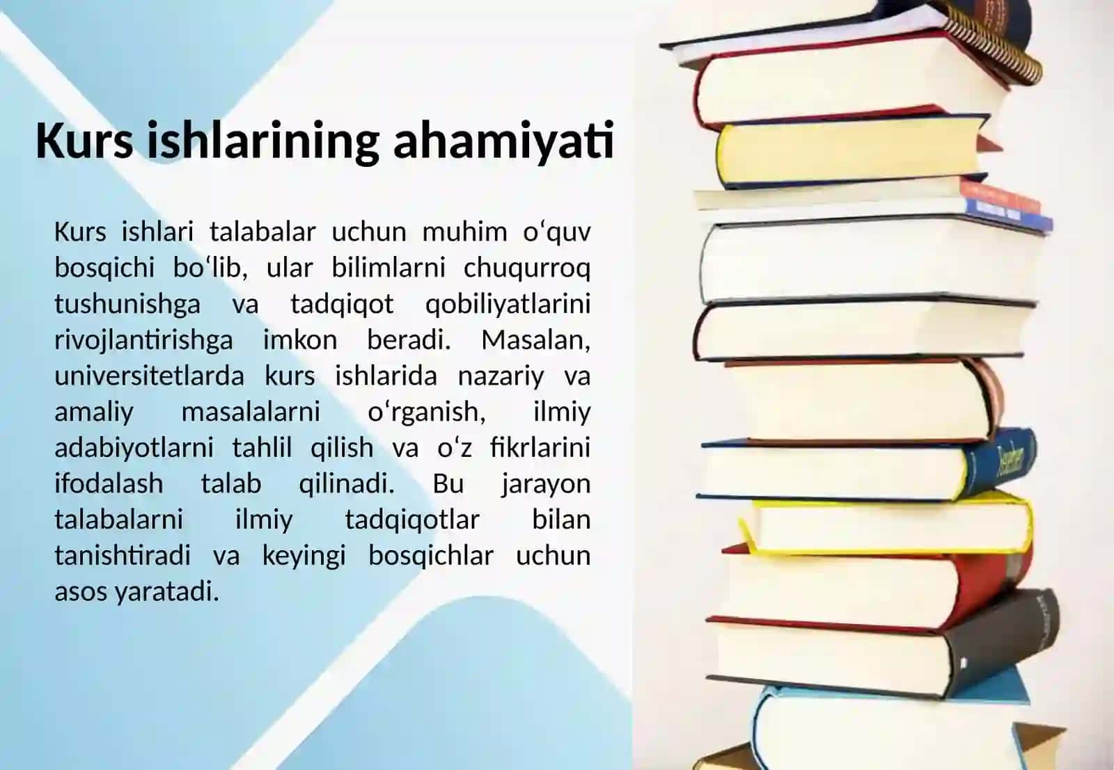 Kurs ishi,bitiruv malakaviy ishlar, magistrlik va doktorlik dissertatsiyalari,oʻquv qoʻllanma hamda darsliklar,monogrfiyalarni tahlilini oʻrganish. 3