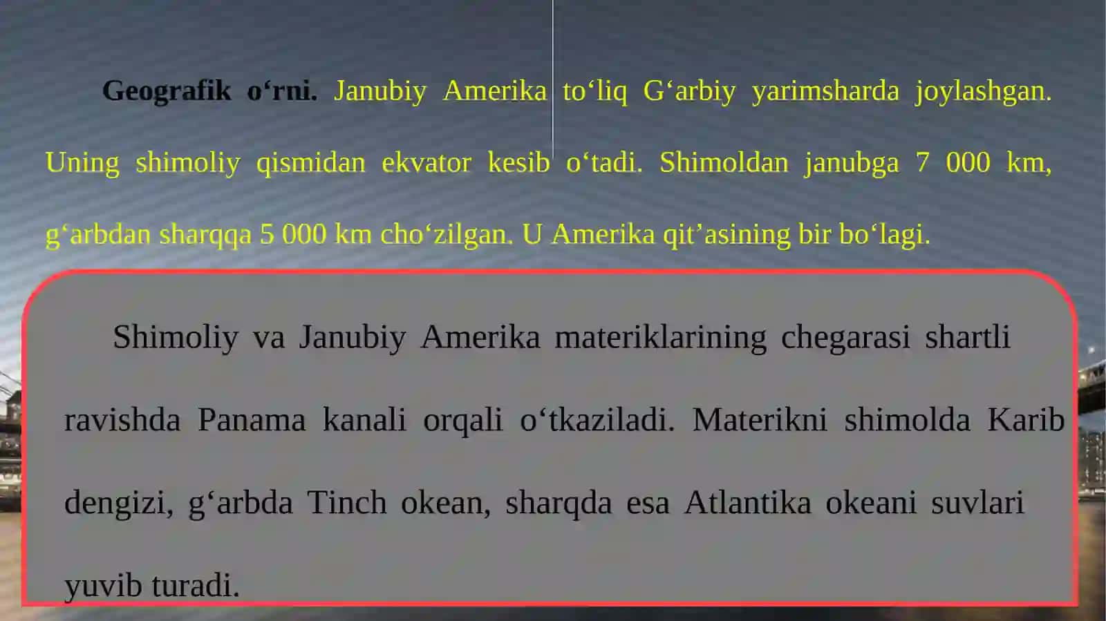 Janubiy Amerika Geografik o‘rni, o‘rganilish tarixi, geologik      tuzilishi, foydali qazilmalari. Relyefi 3