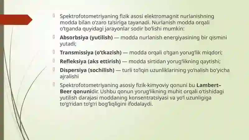 Spektrofotometriya asoslari va undan tibbiy biologik tahlillarda foydalanish 3