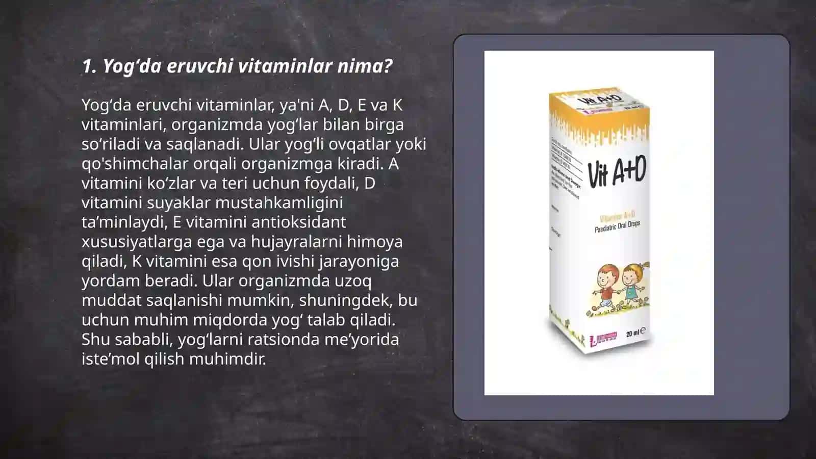 Vitaminlar. Yogʻda eruvchi vitaminlar. Tuzilishi va funksiyasi. Shermatova Mulkiya 3