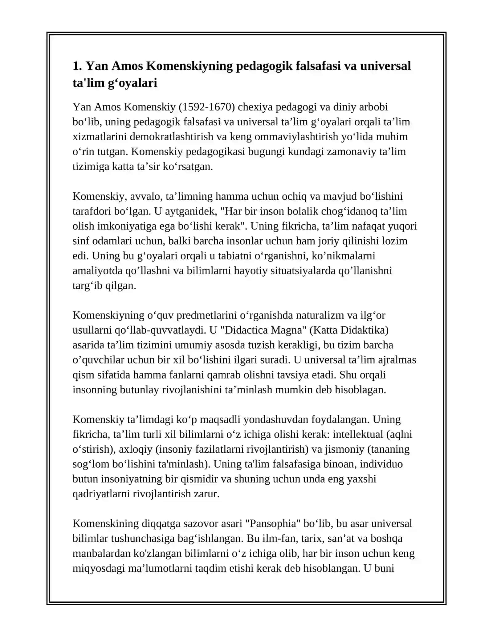 YAN AMOS KOMENSKIYNING PEDAGOGIK GʻOYALARI. LOGANN GENRIX PESTALOTSSINING PEDAGOGIK G'OYALARI 3