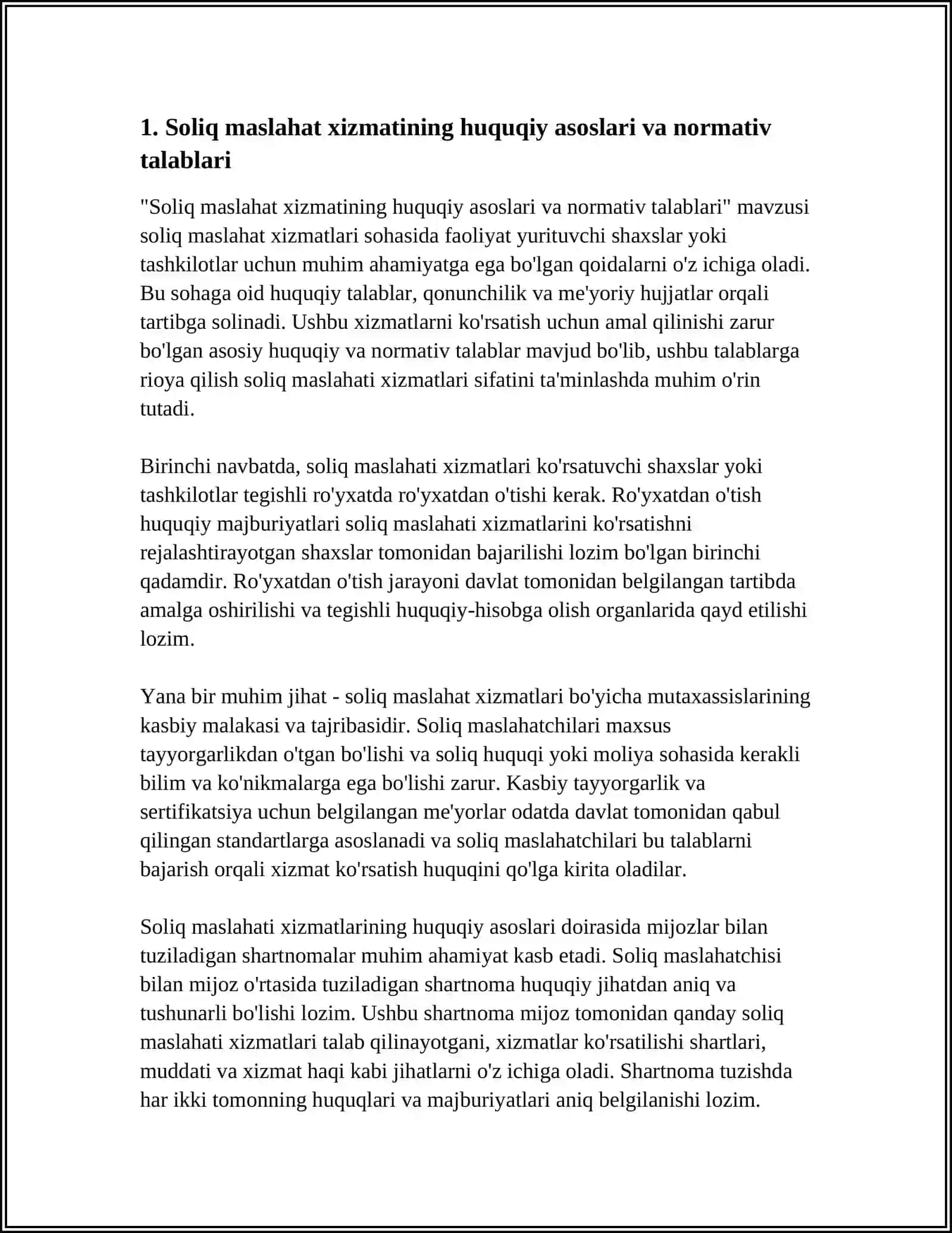 SOLIQ MASLAXATI BO'YICHA XIZMATLAR VA ULARNING O'ZIGA XOS JIHATLARI REFERAT 3