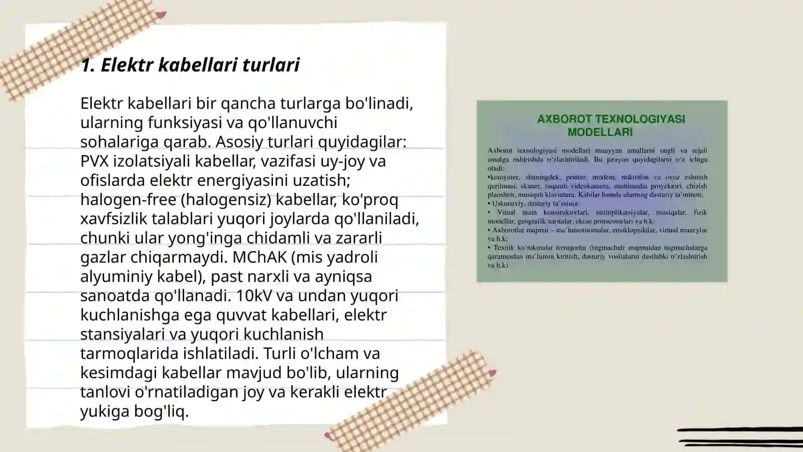 Kabellarining turlari va xususiyatlari. Kabel standartlari va tizimlarini o'rnatish va sinovdan oʻtkazish 3