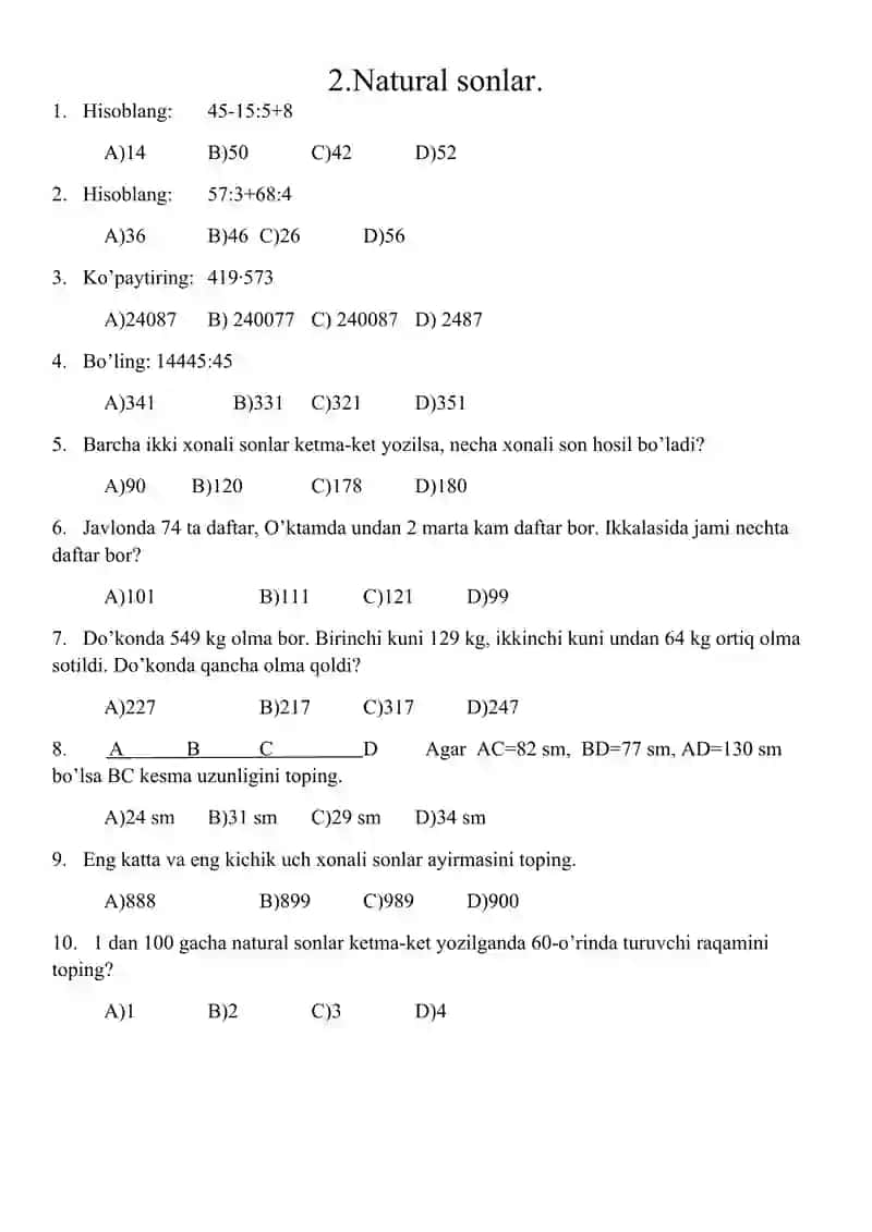 5-6- sinf MATEMATIKADAN MAVZULASHTIRILGAN TESTLAR 3