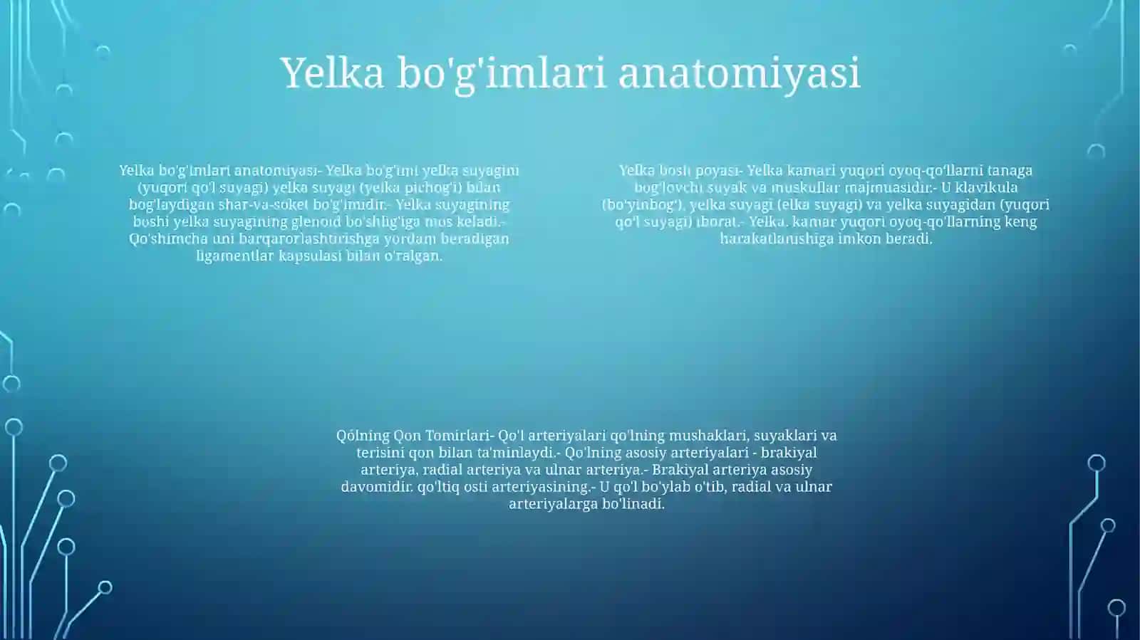 Yelka Bosh Poyasi.Ómrov Osti Arteriyasi. Qólning Qon Tomirlari 3