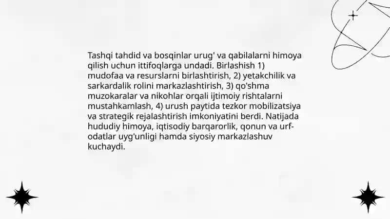 Urug'-qabila tuzumida ularning birlashuviga olib kelgan omilar 3
