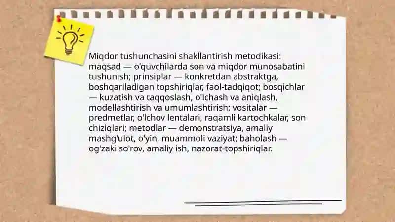 Miqdorlarni oʻlchash,oʻlchov birliklarining turlari orasidagi bogʻliqliklar va ular ustida(ismli sonlar ustida)amallar bajarishga o'rgatish metodikasi 3