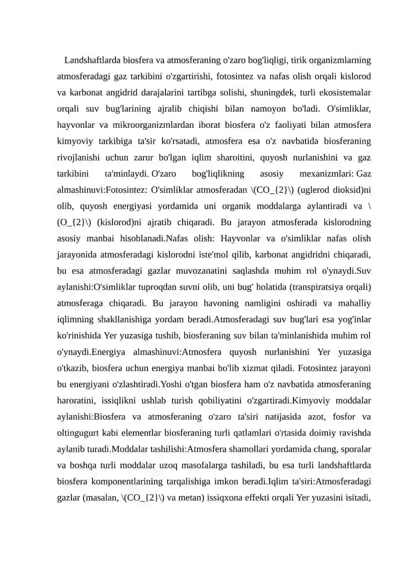 Landshaftlarda biosfera va atmosferaning bog'liqligi Referat 3