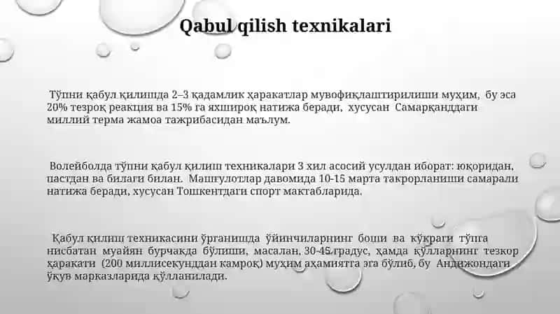 Voleybol oʻyini texnikasini boʻlimlarga boʻlinishi boʻyicha nazariy malumotlar 3