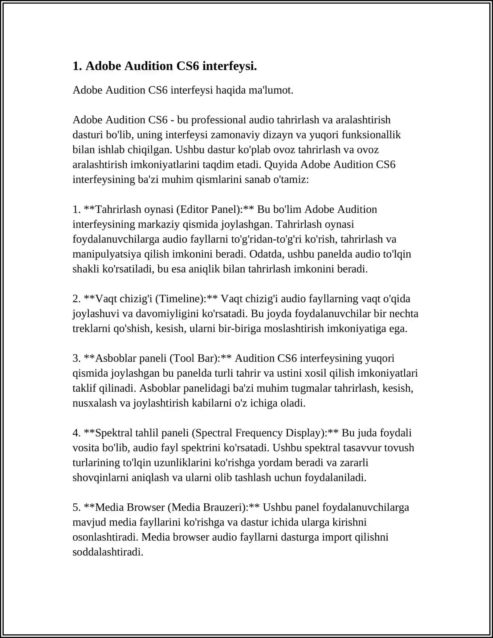 ADOBE AUDITION CS6 AUDIO MUHARRIRI IMKONIYATLARINI OʻRGANISH 3