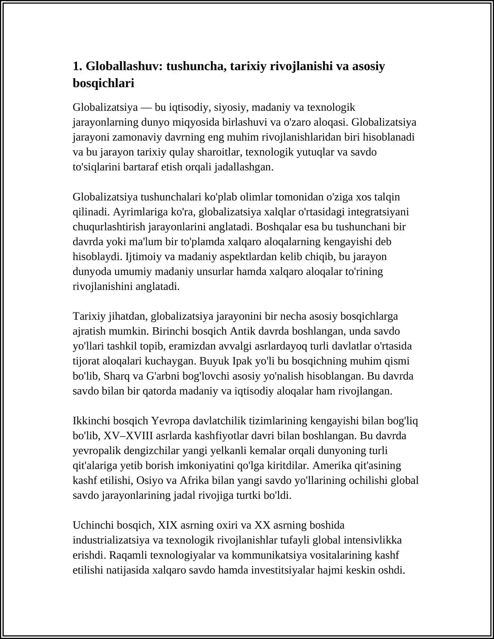 "GLOBALLASHUV, GLOBALIZM VA BARQAROR USTIVOR YO'NALISHLARI" MAVZUSIDA REFERAT 3