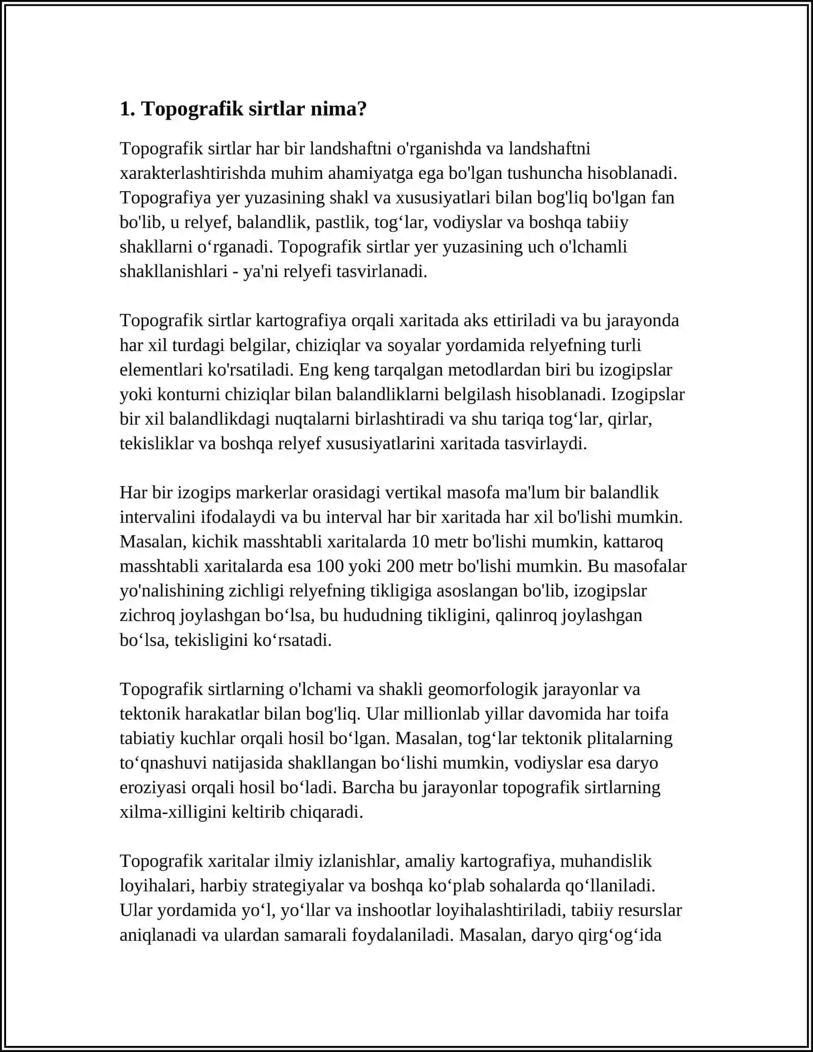 MUSTAQIL ISH Mavzu: TOPOGRAFIK SIRTLAR HAQIDA UMUMIY MALUMOTLAR VA ULARNI MODELLASHTIRISH 3
