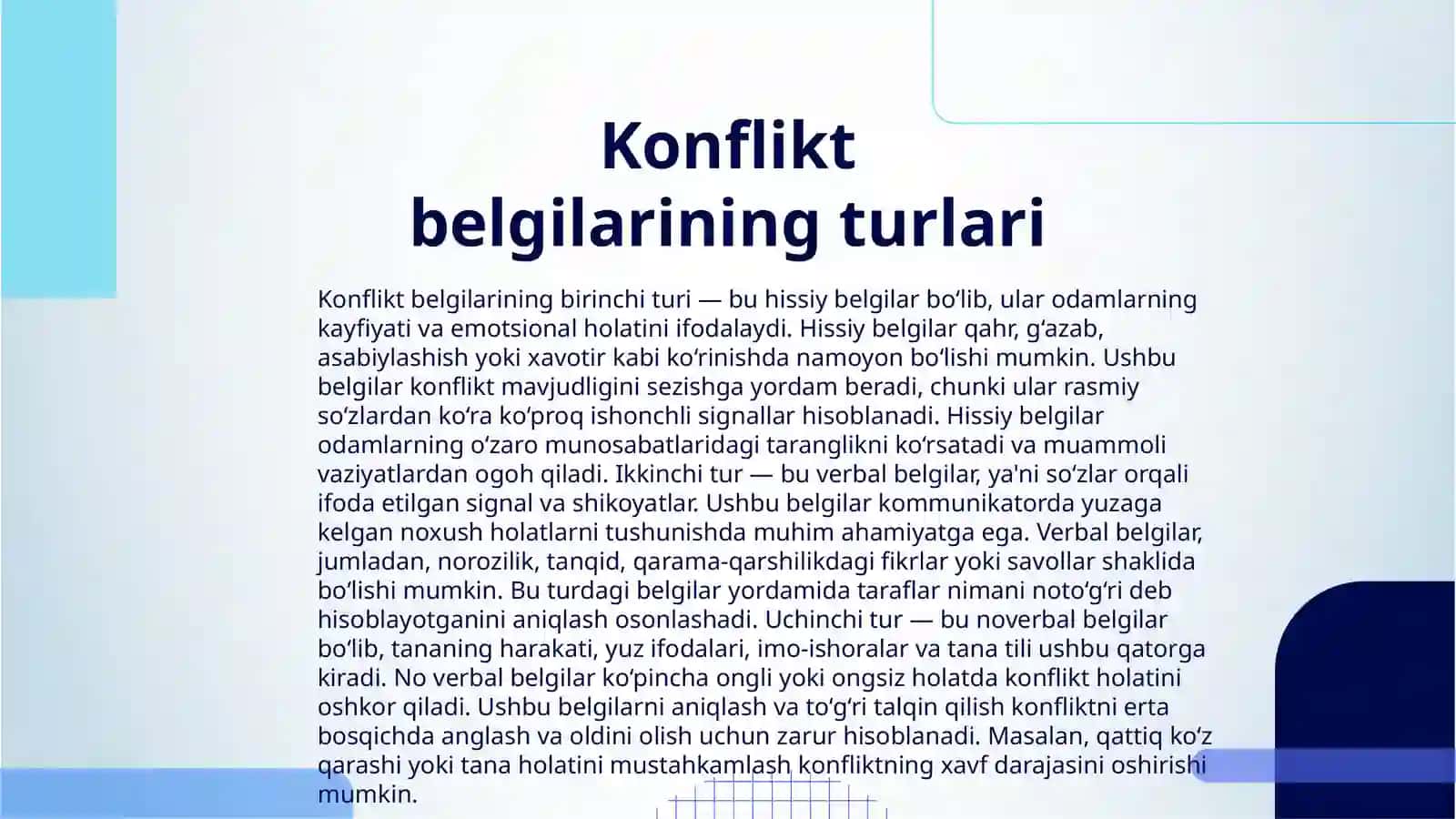 KONFLIKT SIGNALLARI.AGRESSIYA VA ZO'RAVONLIK HAQIDA TUSHUNCHA UNING MOHIYATI. KONFLIKTLI VAZIYATDA QAHR VA G'AZAB JAMOADAGI KONFLIKT VA UNI YECHIMGA OLIB KELISH YO'LLARI O'ZGALARNI ESHITISH VA O'ZINI ANGLATISH QOIDALARI 3