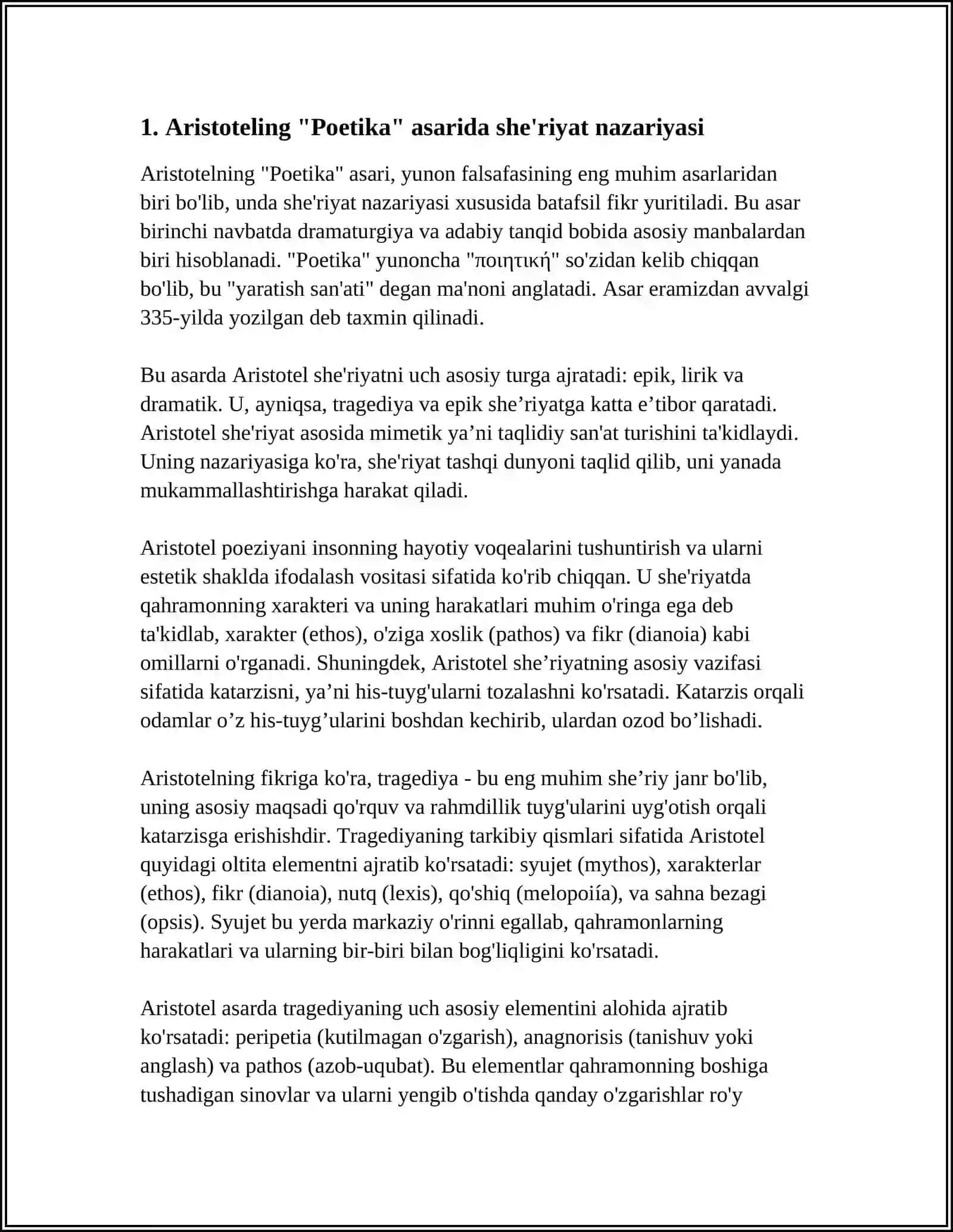 ARISTOTELNING “POETIKA” ASARINI O‘QIB O‘RGANISH; FOROBIYNING “SHE’R SAN’ATI” ASARINI O‘QIB-O‘RGANISH; ALISHER NAVOIYNING “MAJOLIS UN NAFOIS” ASARINI O‘QIB-O‘RGANISH; ALISHER NAVOIYNING “MEZON UL AVZON” ASARINI O‘QIB-O‘RGANISH; ALISHER NAVOIYNING “MUHOKAMAT UL LUG‘ATAYN” ASARINI O‘QIB-O‘RGANISH 3
