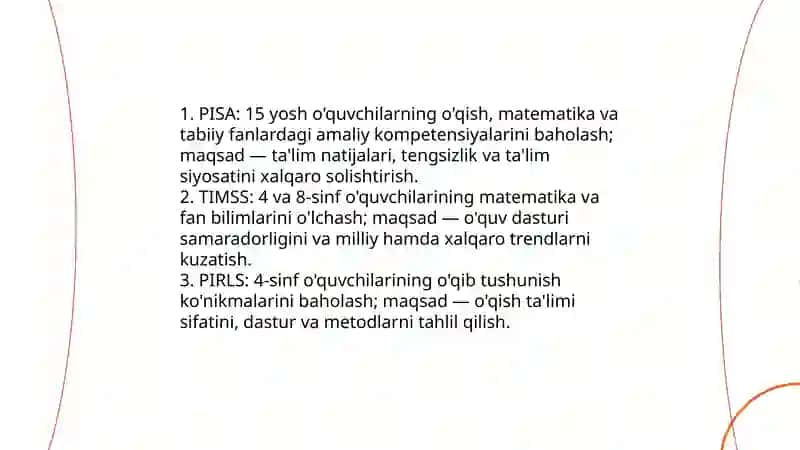 Talim olganlikni tashxis etish.Xalqaro baxolash dasturlari 3