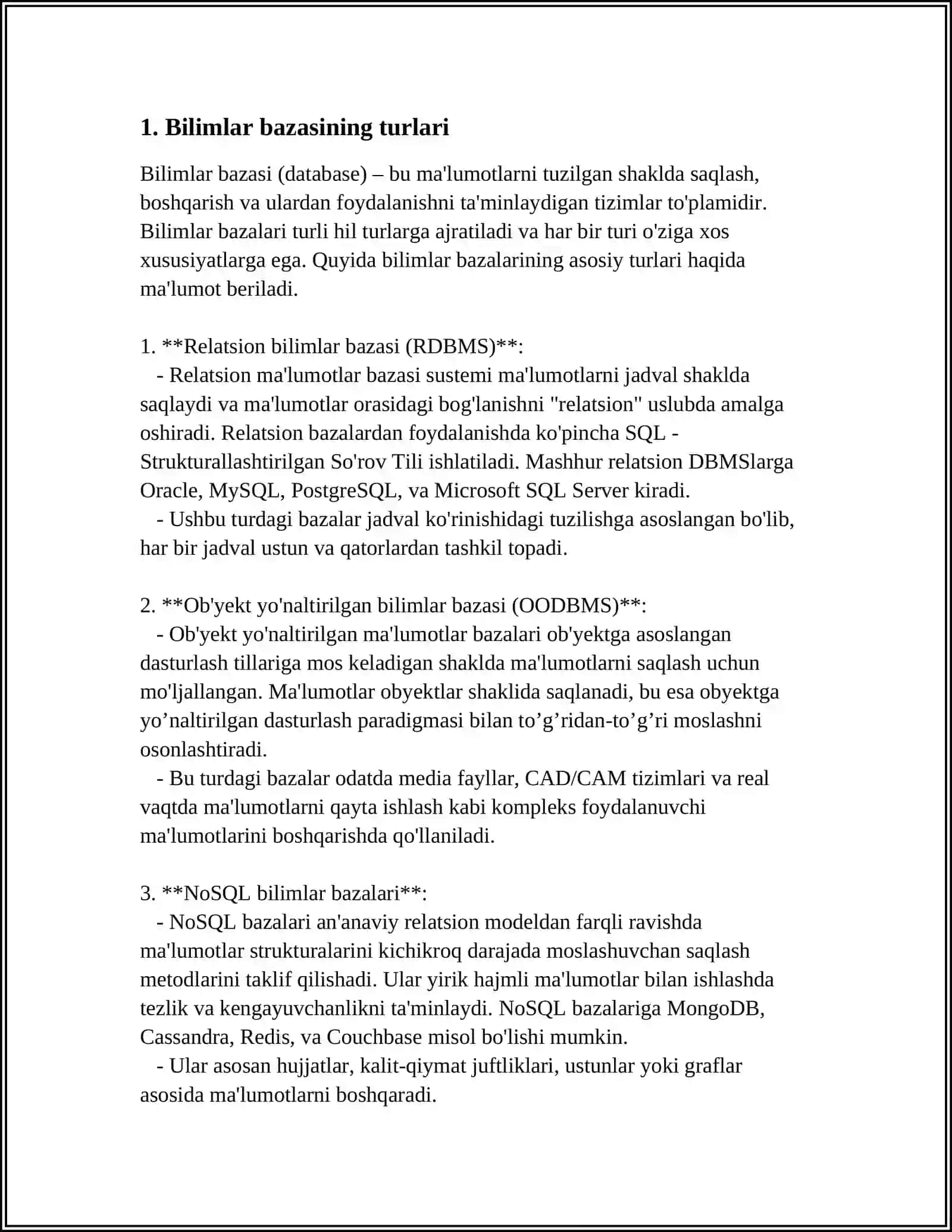 BILIMLAR BAZASI TURLARI. EKSPERT TIZIMLARIDA BILIMLAR BAZASIDAN FOYDALANISH 3
