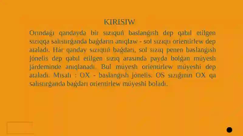 Topografiya, Kartografiya hám gat páninen“Orientirlew muyeshleri”temasında PREZENTACIYA JUMÍSÍ 3