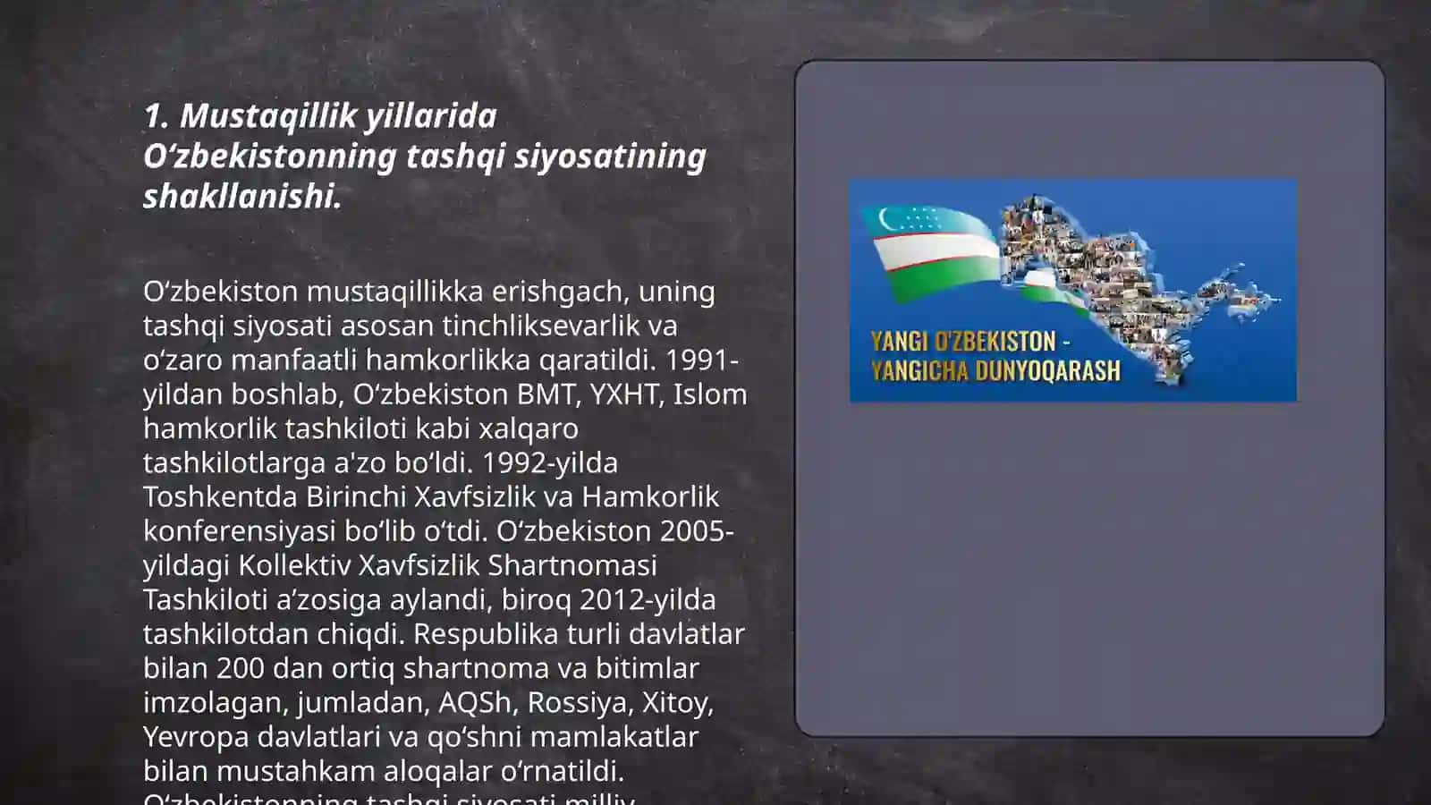 MUSTAQILLIK YILLARIDA O’ZBEKISTONNING TASHQI SIYOSATI – MUSTAQIL DAVLATLAR HAMDO’STLIGI Misolida 3