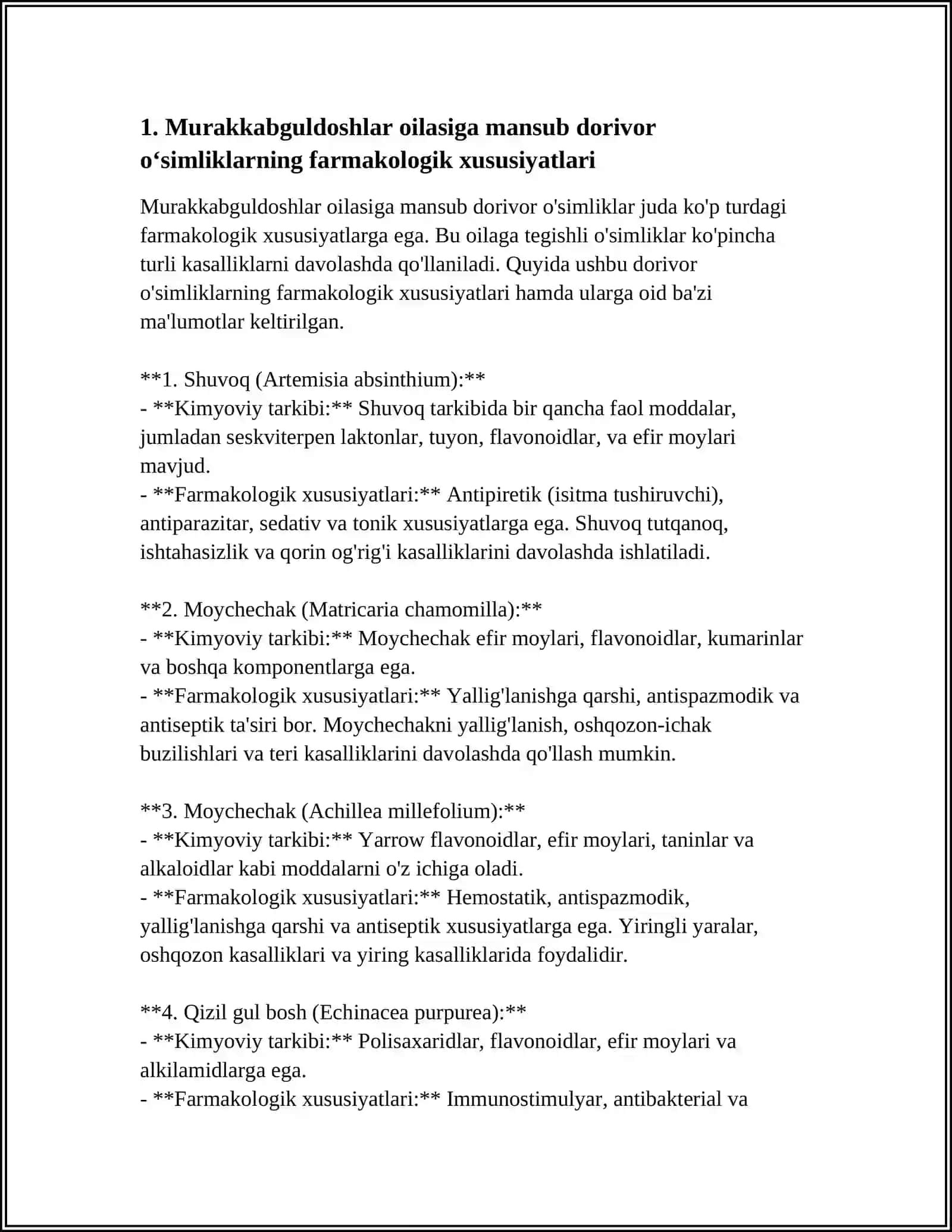 MURAKKABGULDOSHLAR VA ZIRADOSHLAR OILALARIGA MANSUB DORIVOR OʻSIMLIKLAR 3