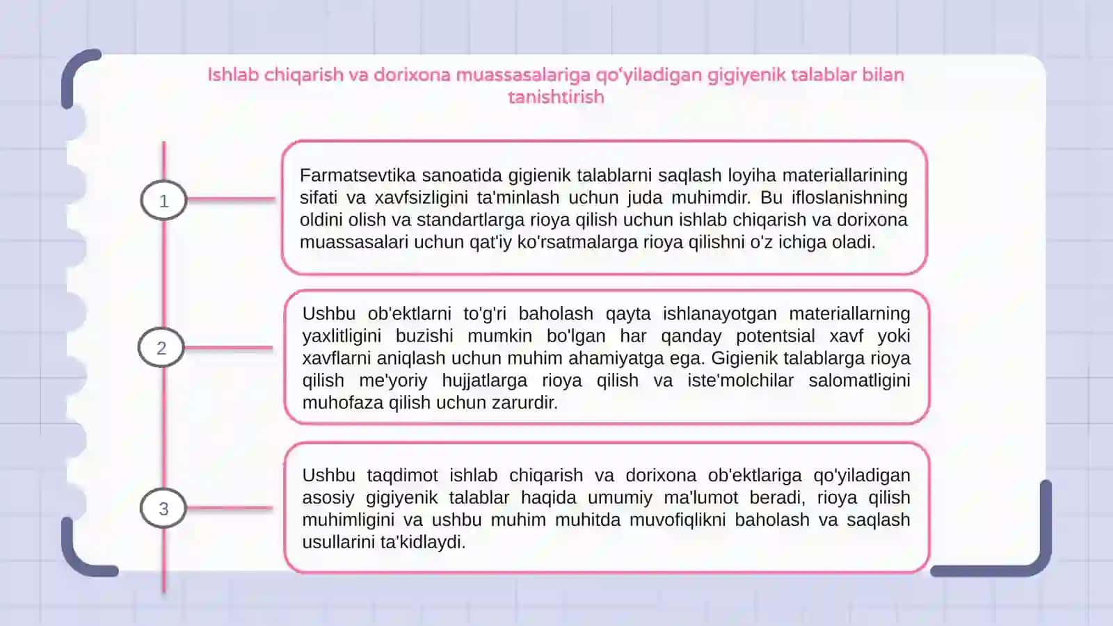 Loyiha materiallari boʻyicha ishlab chiqarish va dorixona muassasalariga boʻlgan gigenik talablar va ularni baholash 3