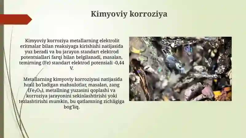 Metallarning olinishi va kristall tuzilishi Metallar korroziyasi 3